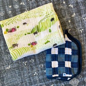 Little Unicorn Bundle - Muslin Swaddle Blanket & Burp Cloth - gingham plaid/farm